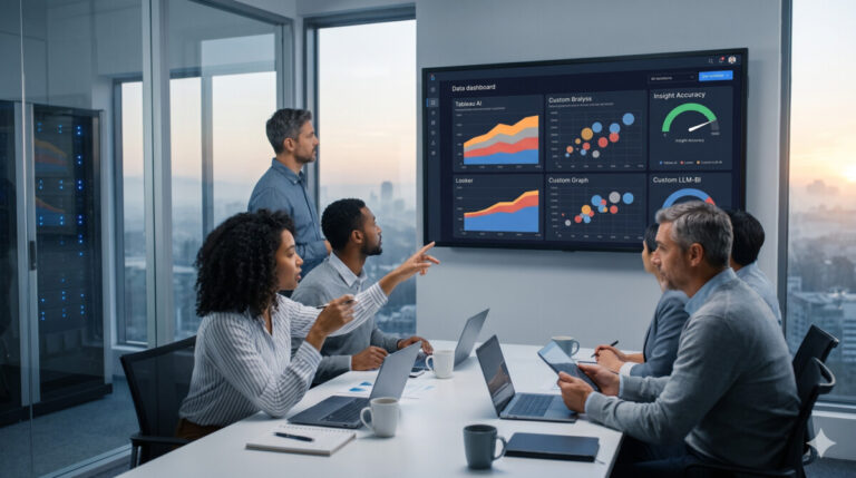 "현대적인 회의실에서 IT 전문가들이 Tableau AI, Looker, 자체 LLM 기반 AI 데이터 분석 솔루션의 성능 비교 대시보드 차트를 보며 토론하고 있는 모습"