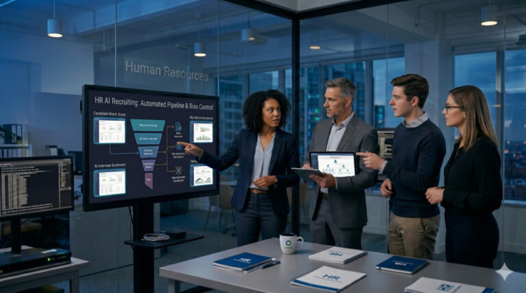 현대적인 회의실에서 IT 전문가들이 Tableau AI, Looker, 자체 LLM 기반 AI 데이터 분석 솔루션의 성능 비교 대시보드 차트를 보며 토론하고 있는 모습